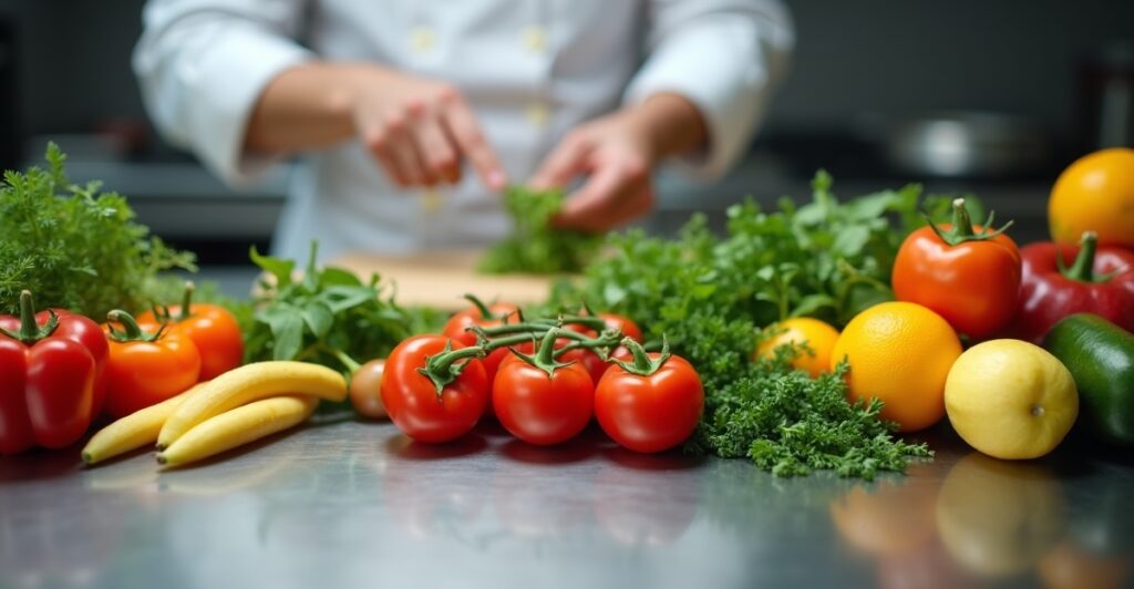 Fresh seasonal Japanese ingredients including fish, vegetables, and garnishes arranged on chef's preparation counter