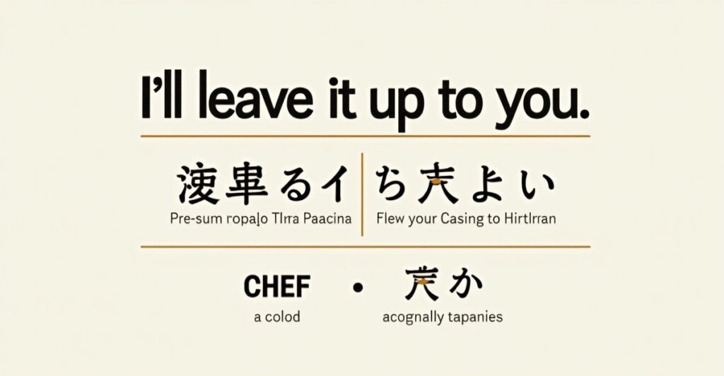 Japanese culinary terms display showing omakase, shun, and itamae with English translations
