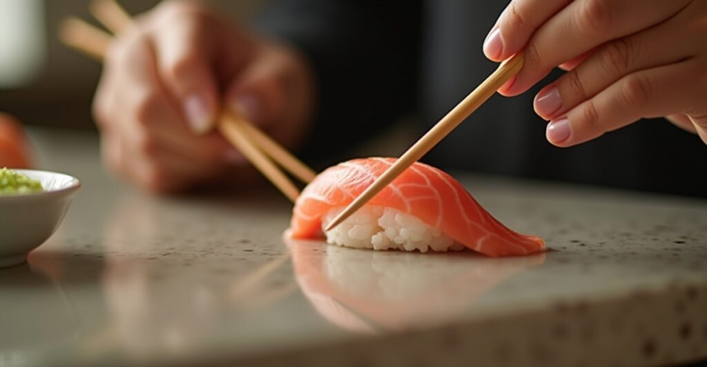 Hands demonstrating proper chopstick technique while picking up nigiri sushi at omakase counter
