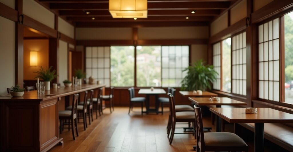 Elegant interior of traditional Japanese restaurant showing refined ambiance with natural materials and subtle lighting