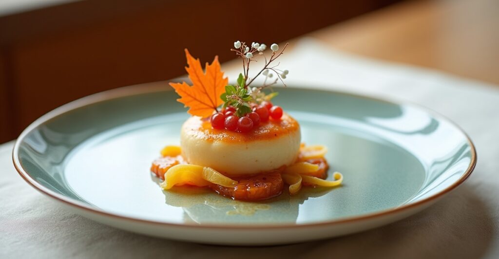 Artfully plated seasonal dish featuring autumn maple leaf garnish on traditional ceramic dishware showcasing Japanese aesthetic principles