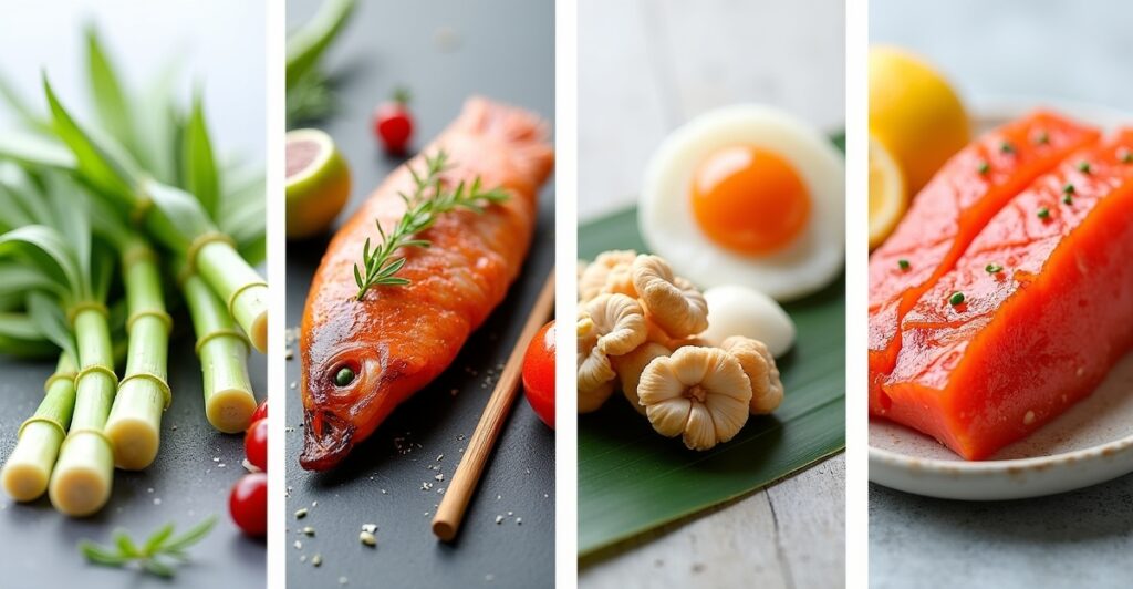 Four-panel seasonal ingredient showcase displaying takenoko, ayu, matsutake, and fugu representing Japan's culinary seasons