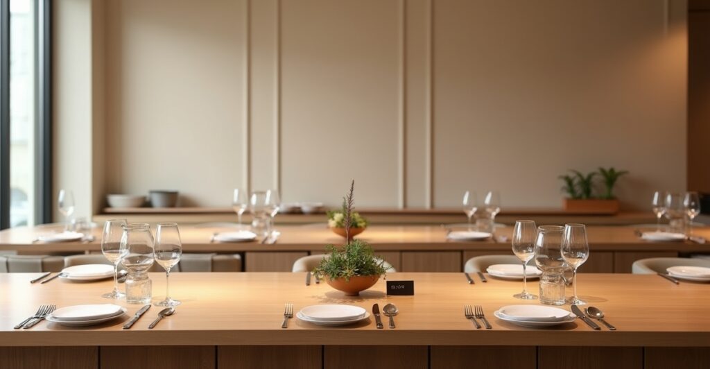 Empty traditional omakase counter with wooden cutting board, pristine setup, and subtle lighting creating atmosphere of anticipation