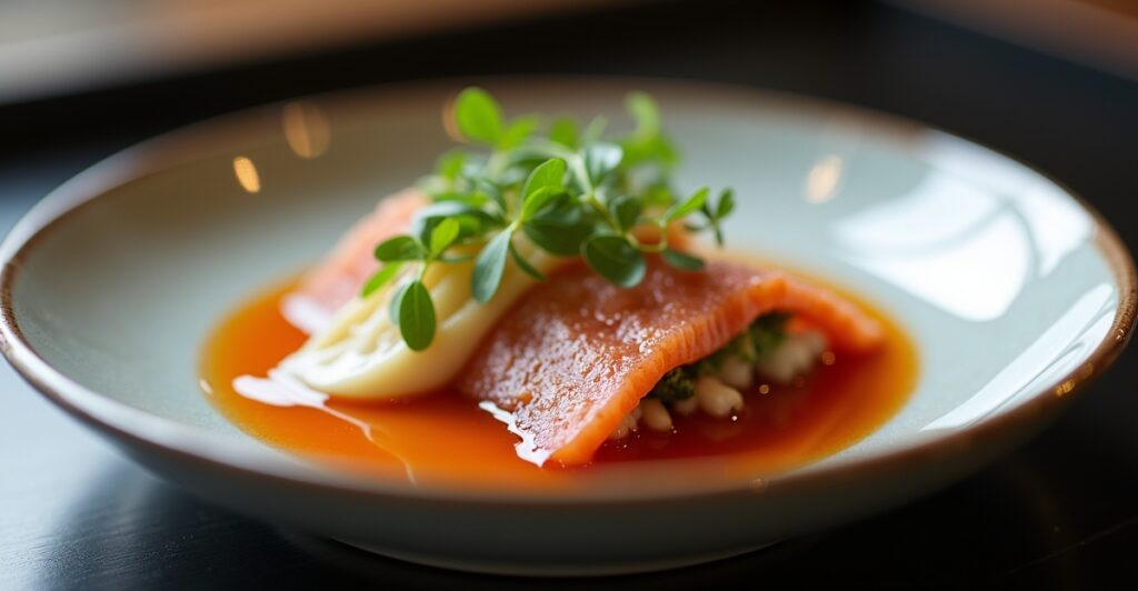 Beautifully plated Washoku dish demonstrating Moritsuke principles with asymmetrical balance and natural garnishes