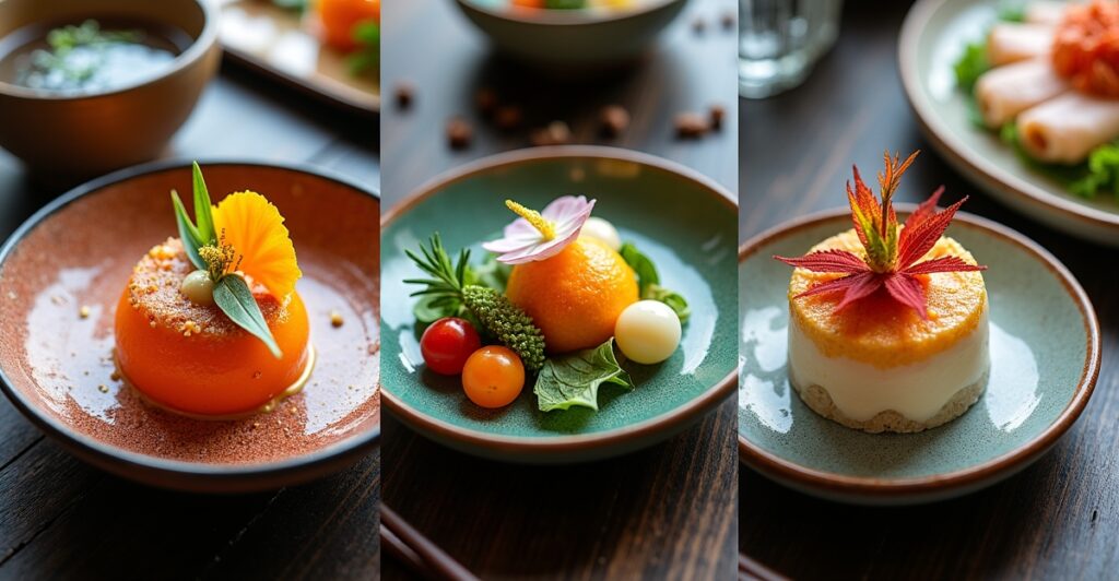 Sequential kaiseki course progression showcasing seasonal ingredient transitions from delicate spring appetizers to rich autumn main courses